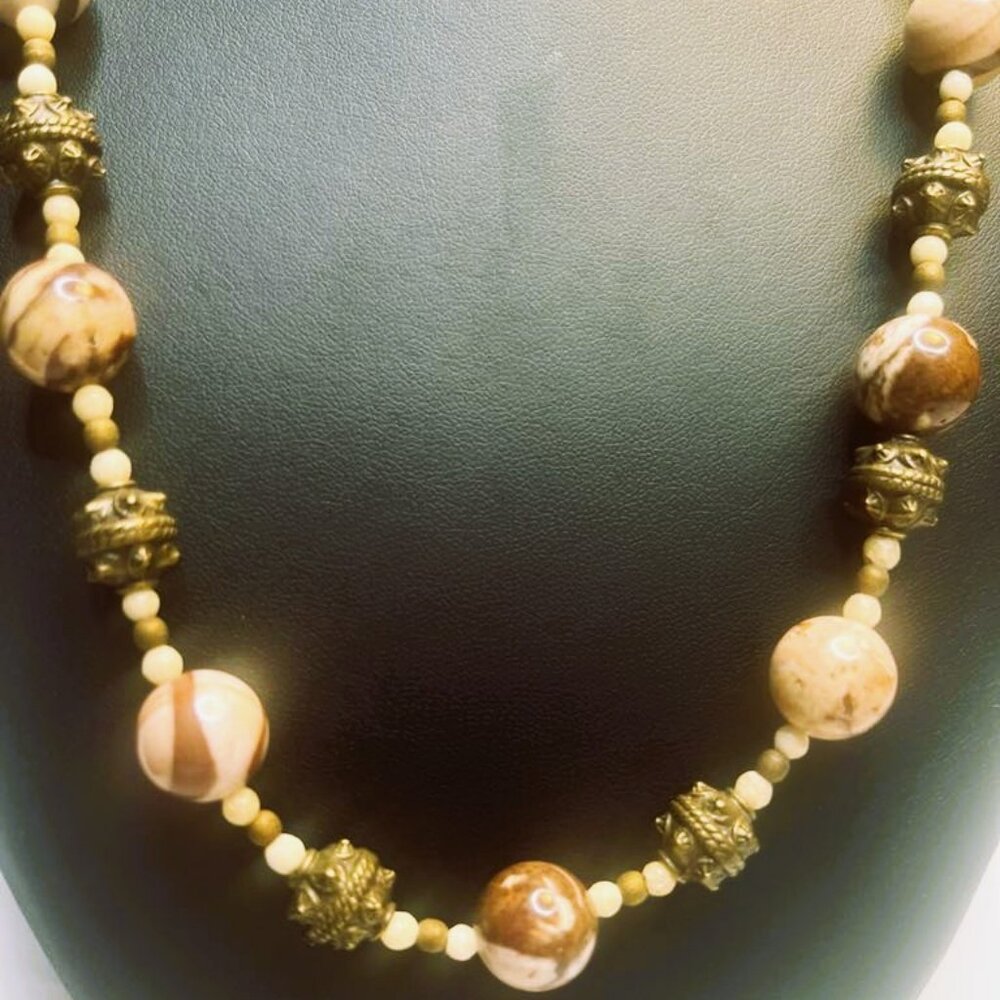 Natural Jasper & Bronze Beads Necklace Handmade Designer Jewelry NWT
